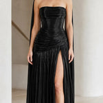 Strapless Ruched Metallic Pleated Maxi Dress with Scarf Cape Detail