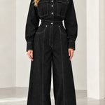 Women's Contrast Stitch Wide-Leg Denim Jumpsuit with Belt