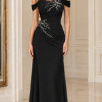 Off-the-Shoulder Ruched Formal Evening Gown with Beaded Applique