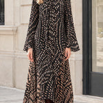 Elegant Tie-Neck Handkerchief Hem Maxi Dress with Long Sleeves