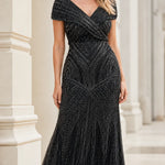 Elegant V-Neck Beaded Evening Gown Formal Maxi Dress