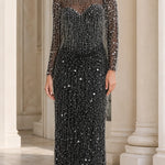 Elegant High-Neck Beaded Long Sleeve Evening Gown