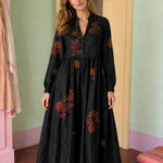 Women's Long-Sleeve Embroidered Midi Dress with Button Front