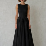 Elegance Sleeveless Pleated Midi Dress with Button Details