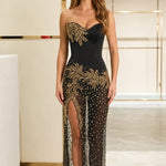 Strapless Corset Embellished Evening Gown with Sheer High-Slit Maxi Skirt