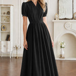 Short Sleeve Pleated V-Neck Midi Dress with Belt