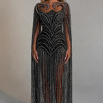 Luminous Beaded Fringe Cape Evening Gown