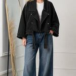 Women's Cropped Frayed Hem Denim Moto Jacket with Lapel Collar