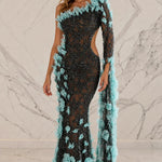 One-Shoulder 3D Floral Applique Cutout Maxi Evening Dress
