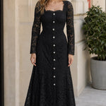 Square Neck Floral Lace Long Sleeve Midi Dress with Crystal Buttons