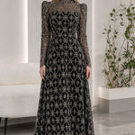 High Neck Beaded Mesh Long Sleeve A-Line Evening Gown