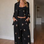 Floral Embroidered 3-Piece Pantsuit Set with Corset Top & Wide-Leg Trousers