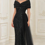 Off-the-Shoulder Sequin Evening Gown with Draped Bodice and Side Tulle Train