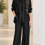 Women's Floral Embroidered Denim Shirt and Wide-Leg Pants Set