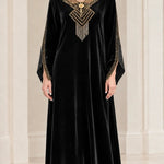 Women's Embroidered Velvet Kaftan Maxi Dress with Beaded Fringe V-Neck