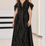 Sequin V-Neck Cold-Shoulder Evening Gown with Draped Satin Train