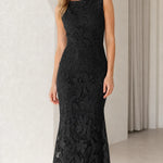 Sleeveless Floral Lace Boatneck Maxi Dress Formal Evening Gown