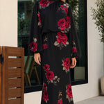 Floral Print High Neck Long Sleeve Maxi Dress with Back Tie
