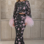 Embellished Two-Piece Feather Trim Crop Top and Maxi Skirt Set