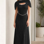 Pleated Cape Sleeve Beaded Maxi Dress with Cutout Detail