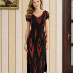 Beaded V-Neck Ikat Print Midi Dress with Ruched Sleeves