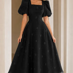 Square Neck Puff Sleeve Embroidered A-Line Midi Dress