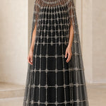 High Neck Beaded Cape Evening Gown Elegant Embellished Maxi Dress