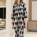 Women's Embellished Collar Ikat Print Tunic and Pants Two-Piece Set