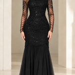 Square Neck Beaded Long Sleeve Mermaid Evening Gown