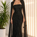 Strapless Beaded Column Evening Gown with Dramatic Sheer Cape