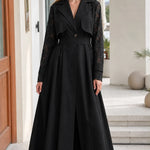 Lace-Sleeve Trench Maxi Coat Dress with Matching Belt