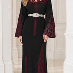 Embroidered Moroccan Caftan Maxi Dress with Ornate Belt and Flared Sleeves