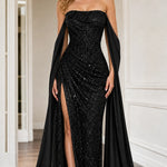 Strapless Sequin Floor-Length Evening Gown with Draped Cape Sleeves and Slit