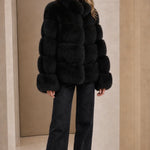 Stand Collar Paneled Faux Fur Plush Winter Jacket