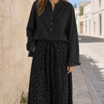 Women's Casual Two-Piece Long Sleeve Blouse and Printed Wide-Leg Pants Set