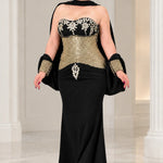 Strapless Sequin Corset Evening Gown with Embellished Cape Shawl