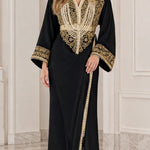 Women's Elegant Gold Embroidered V-Neck Kaftan Maxi Dress