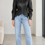 Women's High Neck Buckle Faux Leather Jacket with Pointed Hem
