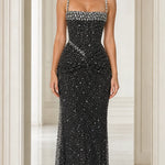Rhinestone Embellished Ruched Waist Evening Gown with Crystal Neckline