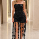 Strapless Sequin Fringe Maxi Dress with Disc Embellishments
