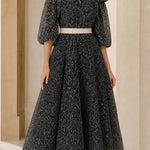 Cold Shoulder Embroidered Lace Midi Dress with Puff Sleeves and Tie Waist