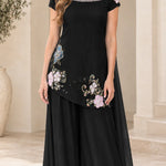 Floral Embroidered Asymmetrical Tunic Top and Wide-Leg Palazzo Pants Set