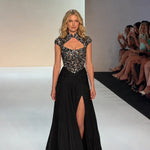 Embellished Keyhole High-Neck Chiffon Evening Gown with Slit