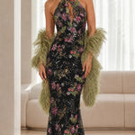 Floral Sequin Embroidered Halter Neck Mermaid Evening Gown