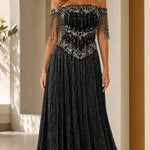 Off-the-Shoulder Beaded Fringe Corset Evening Gown