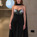 Floral Applique Sweetheart Evening Gown with Draped Cape Scarf