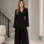 Women's Elegant Wrap Front Button Accent Blazer Top and Wide Leg Pants Two-Piece Set