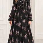 Floral Print Ruffled High-Neck Maxi Dress with Long Sleeves and Pearl Trim