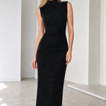 Sleeveless Mock Neck Ruched Glitter Maxi Dress