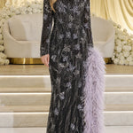 Embellished Long Sleeve Evening Gown with Feather Accents